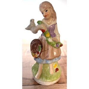 Vintage Hand-Painted Ceramic Figurine Girl Holding Bird Floral Accents Country C